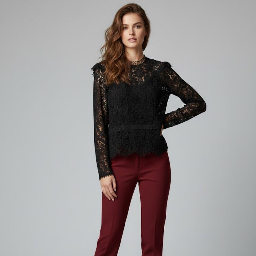 🖤 Romantic Black Floral Lace Ruffle‎ Blouse Size Large Express Long Sleeve